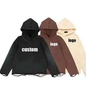 2023 Fashion streetwear cut edge distressed wholesale hoodies custom design acid washed raw edge hoodie