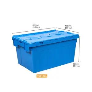 Heavy Duty Attached Lid Plastic Industrial Shipping Transport Moving Stackable Nest Storage Crate Container