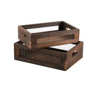 Set of 2 Rustic Nesting Boxes Wooden Organizer Crates Basket Decorative Wood Storage BOX With Handle