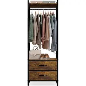 Clothing Rack with Drawers,Clothes Stand Dresser ,Wood Top and Steel Frame,Tall Closet Storage Organizer