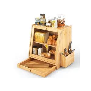 Space Saving Wooden Bread Storage Box Dry Food Storage Container Countertop Bread Bin with Utensil Tray Drawer